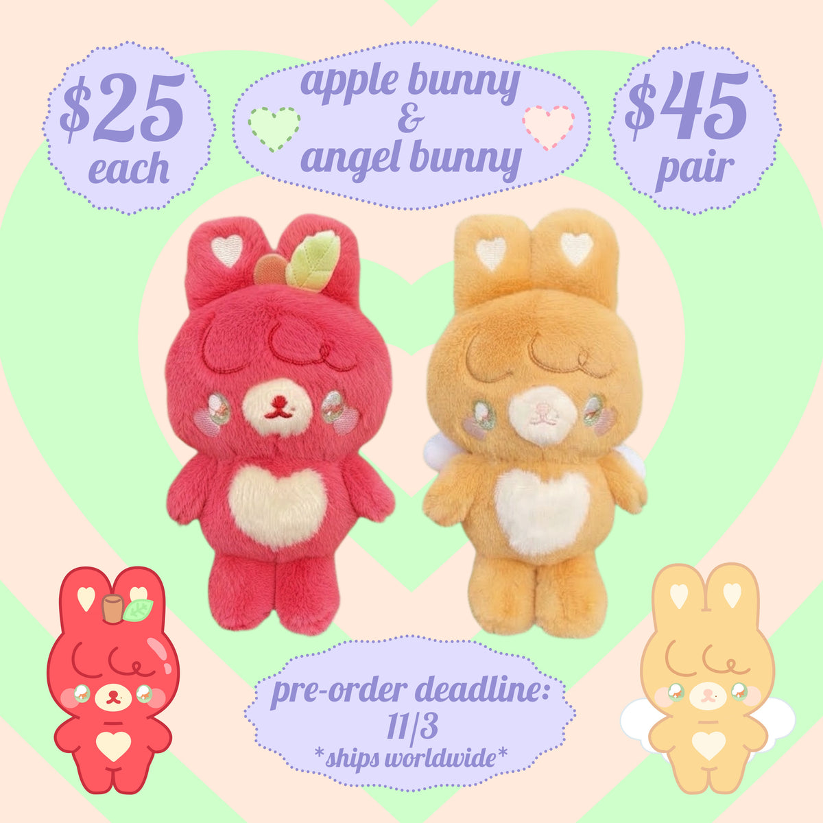 apple bunny & angel bunny plushies